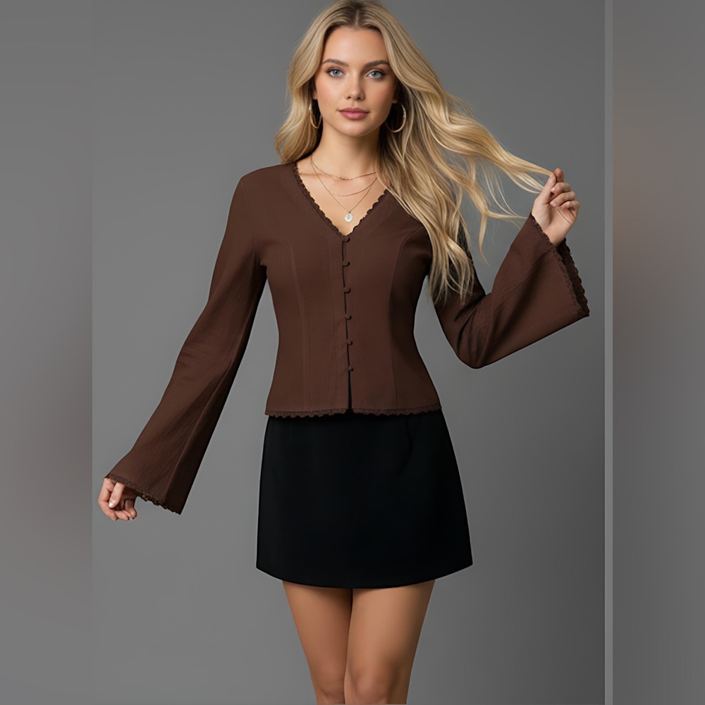 Boho Cotton Lace Cap Sleeve Single Button Blouse Brown - Picture 4 of 8